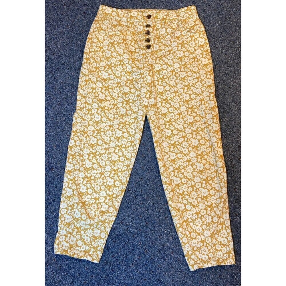Boden Pants Tapered Leg Button Fly Mustard Yellow Cream Floral 4 Petite 4P